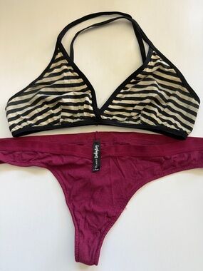 American Apparel Striped Bra with BootayBag Maroon Thong XL